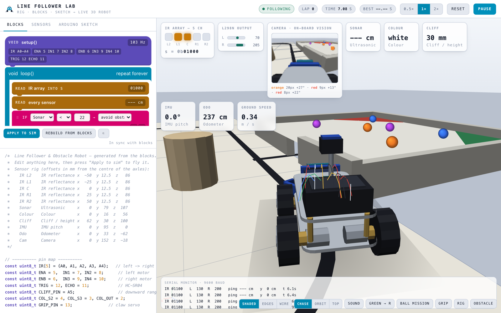 The Line Follower Lab: a 3D robot following a black line, with the Arduino blocks that drive it beside it.